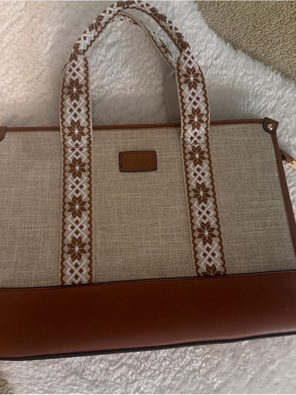 Brown and beige palestinian tatreez tote bag with matching strap